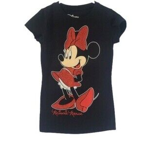 Disney Girls Minnie Mouse Sparkle T-Shirt Black with Short Sleeves S